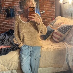 Free People Slouchy Scoop-Neck Sweater in Tan